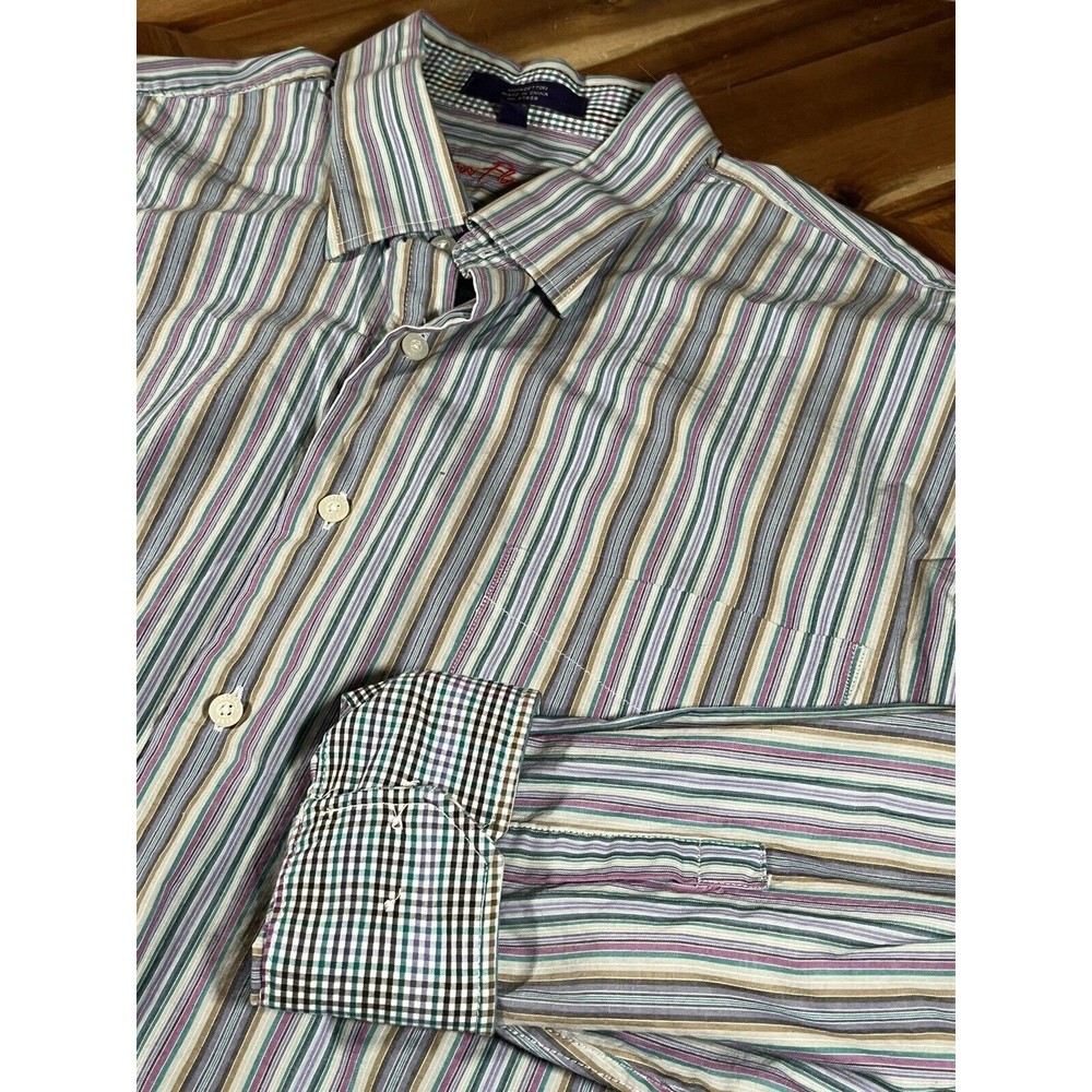 Alan Flusser Mens XL Shirt Striped with plaid Flip Cuff‎ Button Up Long Sleeve